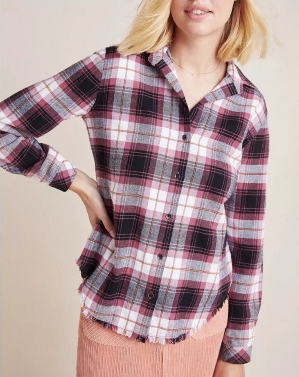 Anthropologie Cloth & Stone Plaid Button Down Flannel Shirt Top Fringe Hem Small